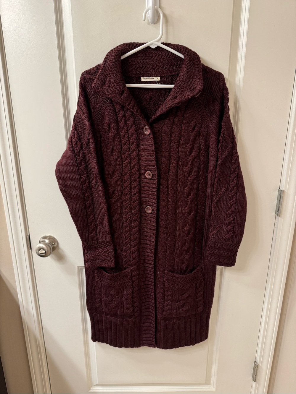 WoolOvers Cable-Knit Long Cardigan Sweater - Burgundy